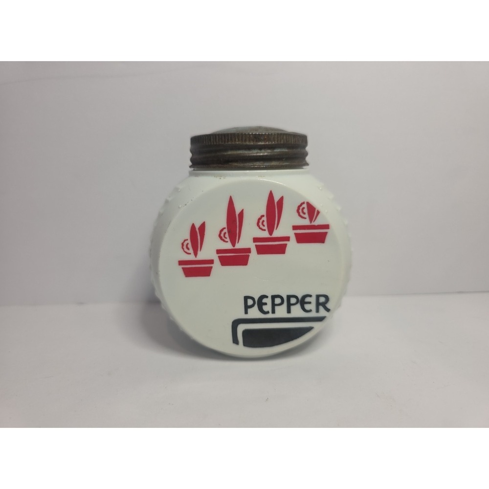 Vintage Fire King Vitrock Pepper Shaker Red Flower Pots Milk Glass Art Deco